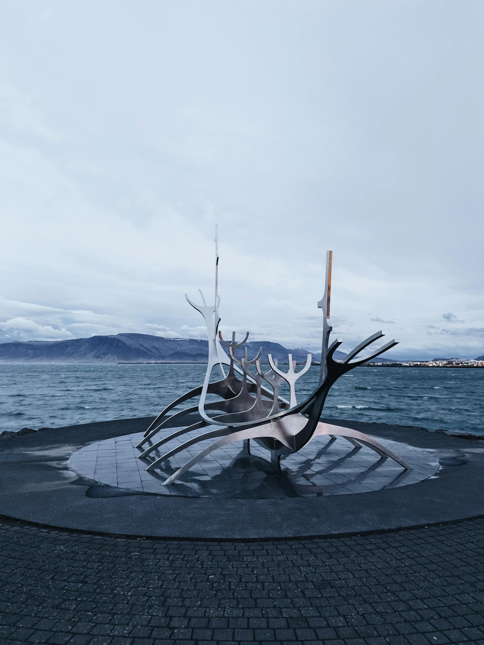 Sun Voyager steel sculpture by the seaside in Reykjavik, Iceland, representing exploration.